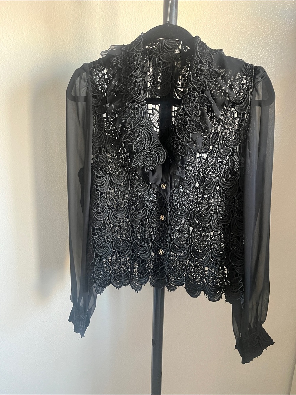 Black Lace Ruffle Front Blouse Made in France